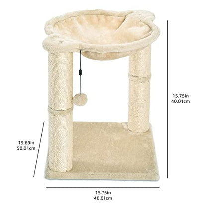 Amazon Basics Cat Condo Tower with Hammock Bed and Scratching Post,Easy to Assemble,Plush Hammock,Interactive Hanging Ball,Durable Sisal Scratch Posts for Indoor Cats, 15.8 x 15.8 x 19.7 Inches, Beige