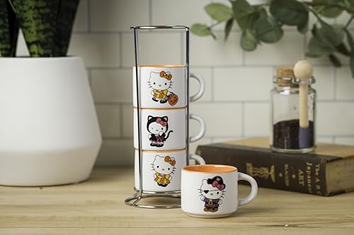 Silver Buffalo Sanrio Hello Kitty Halloween Themed 4 pack Ceramic Espresso Set with Storage Rack, 3 Ounces