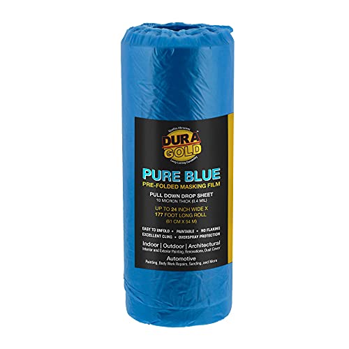 Dura-Gold 24" x 177' Pure Blue Pre-Folded Masking Film - Painters Plastic Roll (0.4 Mil) Pull Down Drop Sheet, Pre-Folded Plastic Sheeting for Painting Protection on Auto, Walls, Furniture