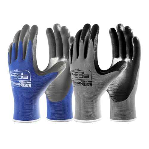 COOLJOB 20 Pairs Nitrile Dipped Safety Work Gloves with Grip, Non-slip Rubber Coated Bulk Garden Gloves for Men, Heavy-duty Oil Resistant for Truck Driver, Warehouse Box Handler, Large, Gray Blue