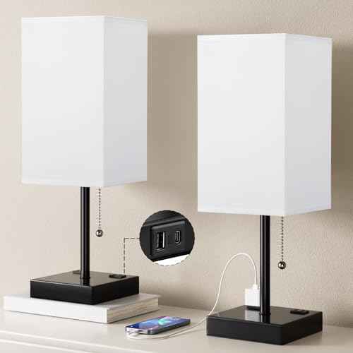 Plus Bedside Table Lamps Set of 2 - White Bedroom Lamps with 3 Colors, Square Nightstand Lamp with USB C + A Charging Ports and 2 AC Outlets, Pull Chain Night Light for End Table
