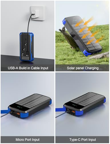Solar Charger Power Bank, 40000mAh Portable Charger PD 20W Fast Charging Solar Power Bank Built in 4 Cables and USB-C in/Output, Camping Essentials External Battery Pack with Flashlights