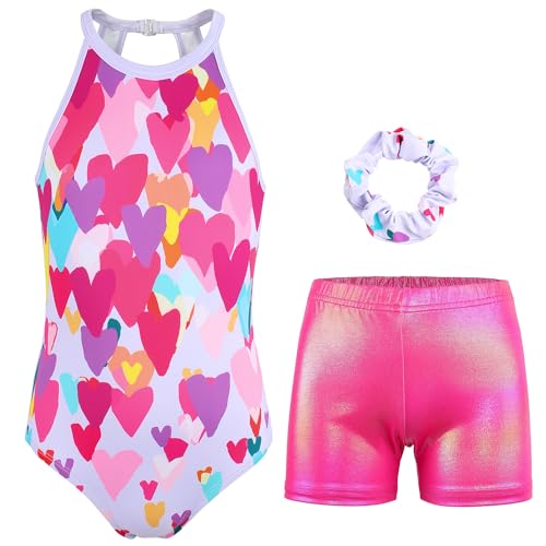 JOYSTREAM Gymnastics Leotards for Girls With Shorts Sparkly Ballet Dance Clasp Back Activewear Variety Heart,6-7Years