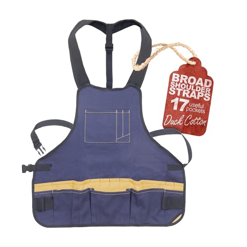 Woodworking Apron For Men with Extra Wide Comfort Fit Shoulder Straps | Quick Release Buckle | 17 Pockets | Duck Cotton Woodworking Carpenter Apron for Men