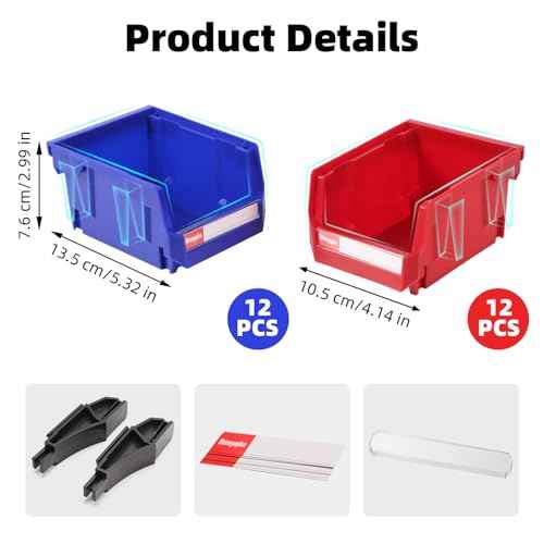 Stackable Storage Bins 24 Pack (5x4x3 Inch), Plastic Stackable Storage Organizer Bins Wall Mounted Hanging Small Parts Bin for Garage, Workbench & Office (Blue & Red)