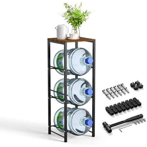 Dirza 5 Gallon Water Bottle Jug Holder with Top Shelf, 3-Tier Heavy Duty Water Storage Rack, Dispenser Stand Organizer for Kitchen Office Brown