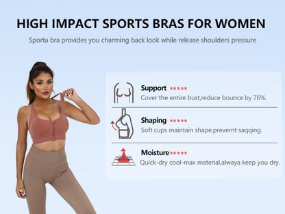 AKAMC Women's Zip Front Sport Bras,Adjustable Straps Padded Criss Cross Cropped Bras for Yoga Workout Fitness,X-Large