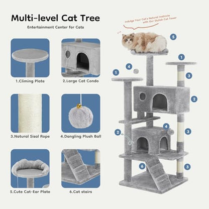 DUMOS 54-inch Indoor Cat Tree Tower –Multi-Level Pet House for Large Cats with 2 Condos, Scratching Posts, Round Platform, Small Ladder, and Toys, Light Grey