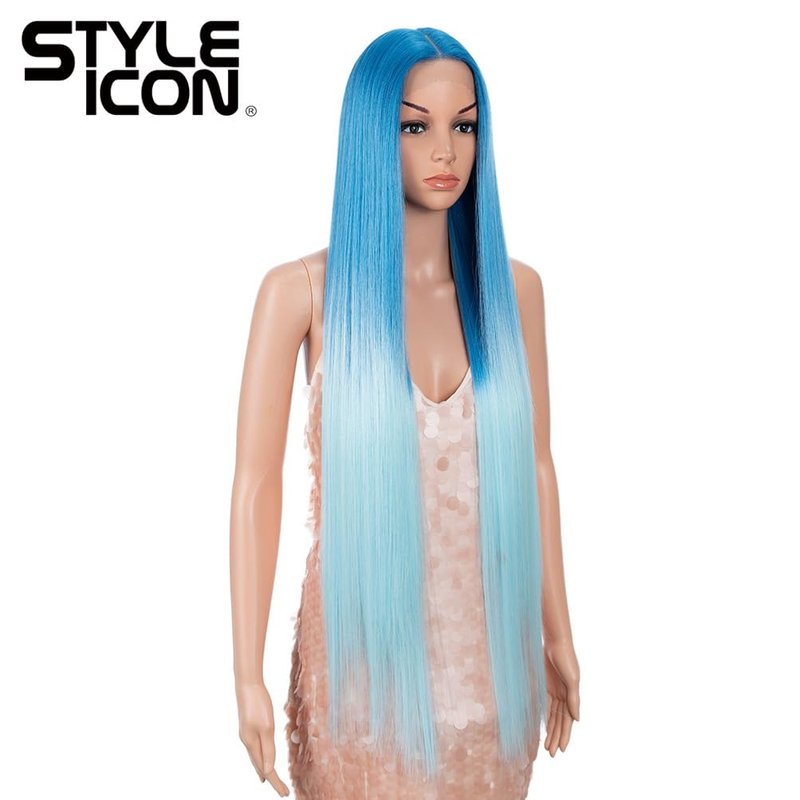 Style Icon 38" Super Long Straight Wigs 6" Deeper Middle Part Lace Lace Front Wigs Ombre Blue Color Synthetic Wig (38", GT BLUE/BLUE5)