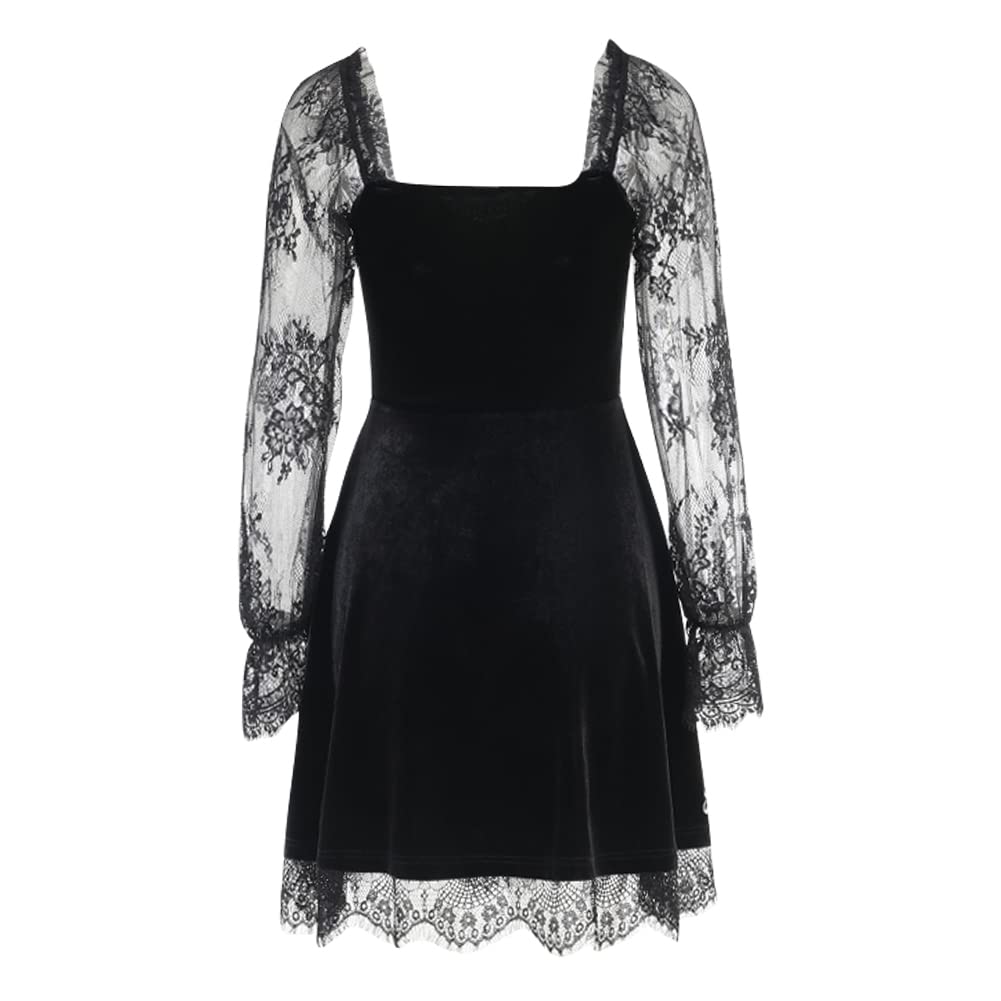 IKADEX Gothic Lolita Dress for Women Black Lace Dress Velvet Mini Dresses Goth Clothes for Teen Girls #A: Black M