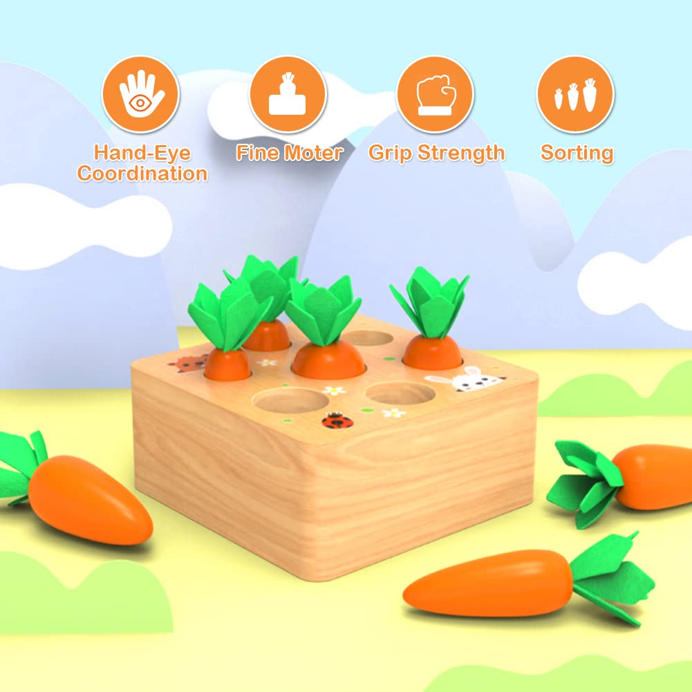Montessoritoys for 1 Year Old, Wooden Toys Developmental Shape Sorting & Matching Puzzle Carrots Harvest Game, Birthday Gifts for Toddlers Babies Boys and Girls 6-12 Months Christmas