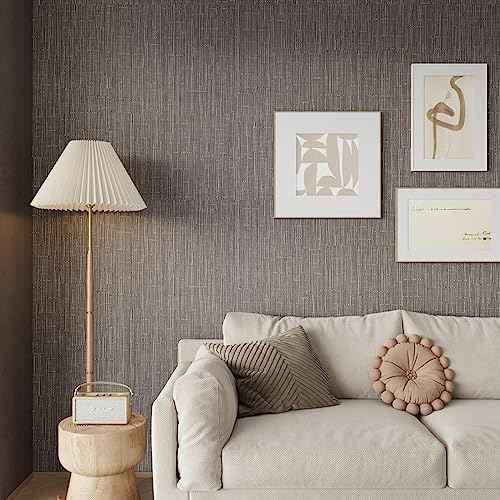 CRE8TIVE Taupe Brown Grasscloth Peel and Stick Wallpaper - 12"x80' Faux Woven Grass Cloth Removable Self Adhesive Brown Contact Paper Linen Weave for Bedroom Cabinets Shelf Furniture