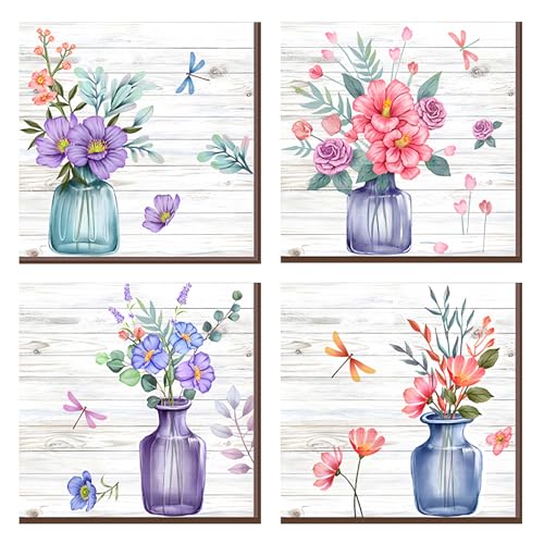 4Pcs Flowers Vases Wall Decor Bathroom Colorful Flower Picture Wall Art Stickers Simulation Photo Frame Vases Decals for Home Office Decorations