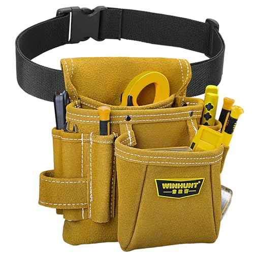 Leather Tool Pouch, Multiple Pockets, Tan Suede Construction, Professional Carpenter Utility Bag