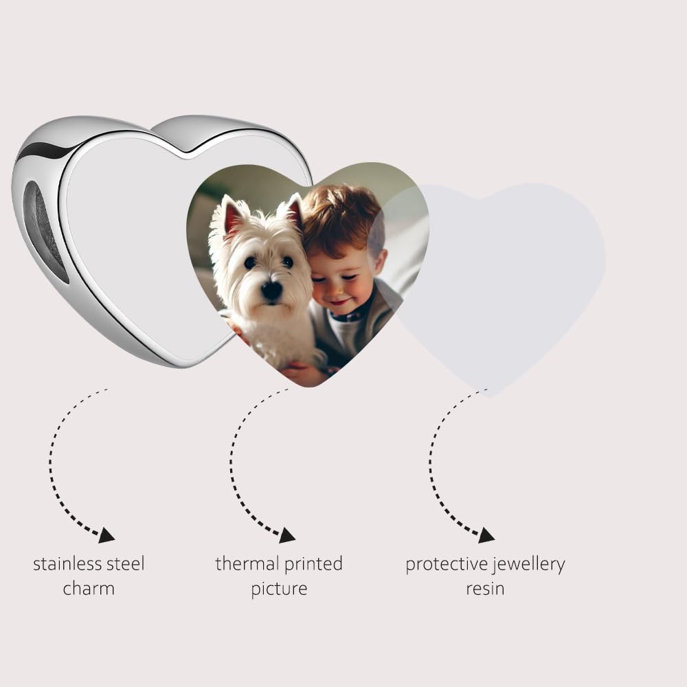 2Burned UK Personalised Love Heart Photo Charm Bead – Custom Picture Steel Jewellery – Fits European Style Charm Bracelets – Unique Gift for Mum, Wife, Girlfriend, Baby Scan Keepsake