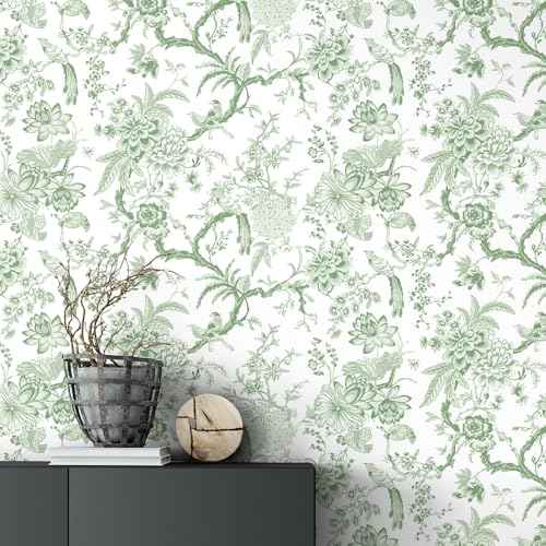 Chinoiserie Peel and Stick Wallpaper Removable Self Adhesive Wallpaper Floral Birds Contact Jacobean Vintage Contact Paper for Bedroom (Green,118.1" X 15.75")