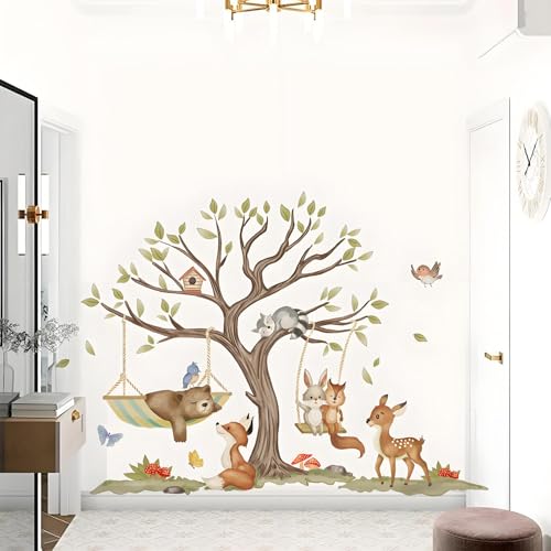 Jungle Animal Wall Stickers Big Tree Fox Sika Deer Safari Wall Decals Kid Room Nursery Baby Bedroom D?cor