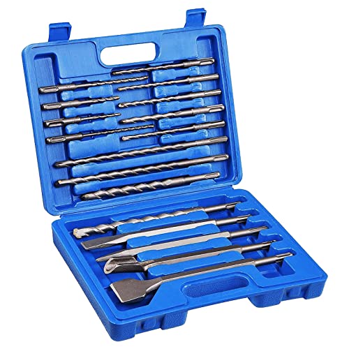 YOUGFIN Rotary Hammer Drill Bits 17 Pieces, SDS-Plus Bit Set, Carbide-Tipped Masonry Drill Bits and Chisels for Concrete, Stone, Brick, with Storage Case