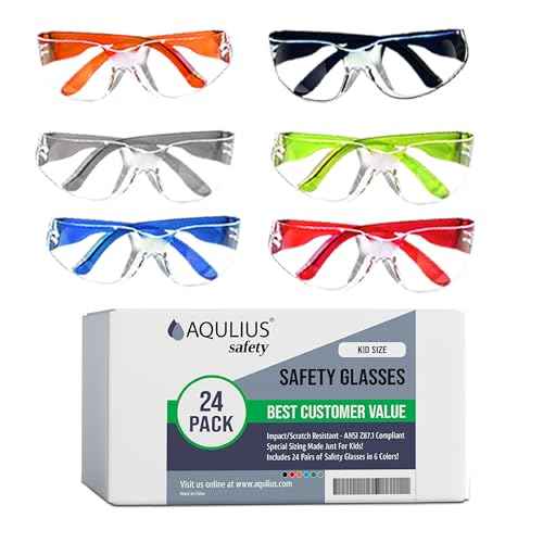 Aqulius Kids Safety Glasses & Goggles - 24 Pack, Kids Size, Assorted Colors - ANSI Z87 Rated Protective Eyewear - Science Party Supplies & Youth Safety Glasses