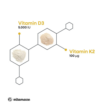 Vitamin D3 K2 5.000 IU & 100ug (MK7) 180 High Strength Vitamin D3 K2 Tablets for 6 Months Supply of Vitamin D3 and K2 for Bone, Teeth, Muscle Function & Immune System. German Quality. Vitamaze®