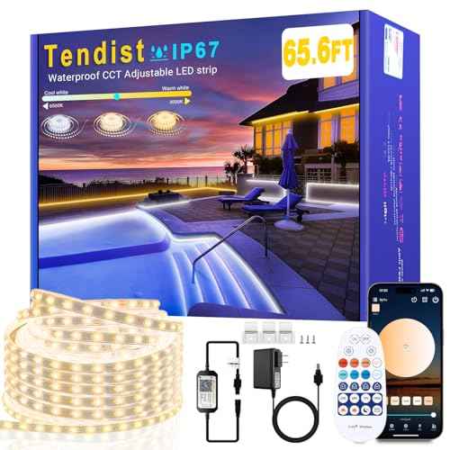 65.6FT Outdoor LED Strip Lights Waterproof IP67, Dimmable 3000K-6500K Warm White LED Rope Lights Outdoor Waterproof with Remote & APP, 24v Adhesive Exterior Lighting for Patio, Deck, Gazebo