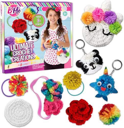 DIY All in One Crochet Knitting Kit for Beginners Starter Arts & Craft Set for Kids Teens Tweens & Adults – How to Learn Make Your Own Yarn Pom Poms – Birthday Gift for Kids Ages 8+