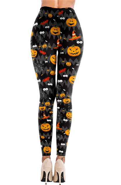 Pumpkin Print Leggings Halloween Horror Nights Bat High Waist Casual Pants for Women M