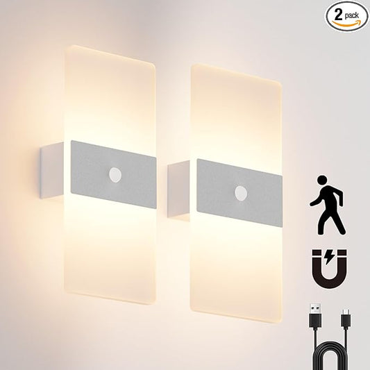 2 Pack Motion Sensor Wall Lights, Morden Silver Decorative LED Indoor Night Light, 3000K Warm Light Battery Operated Wall Sconces for Porch Bedroom Living Room Hallway(Silver)