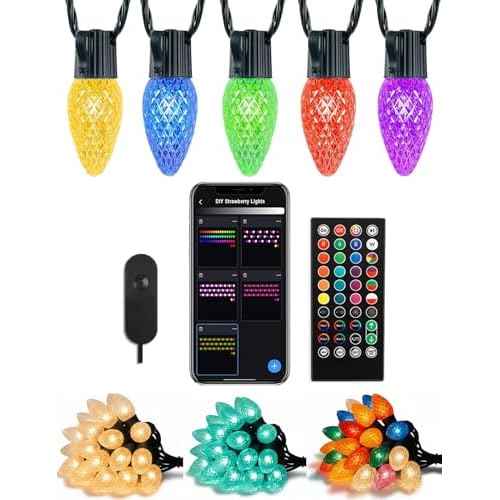 HIITEN Bluetooth C9 Christmas Lights Outdoor 39FT 50LEDs, DIY Chasing Effects Smart LED Christmas Lighting, APP Remote Controlled Extendable Color Changing Xmas Light with Timer Music Sync