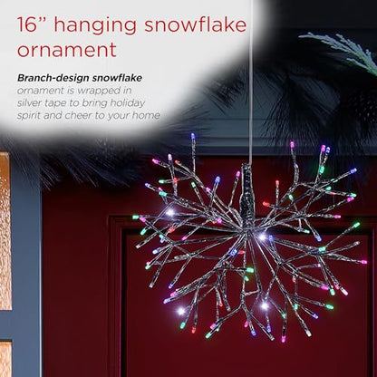 Alpine Corporation 16"H Indoor Holiday 3D Snowflake Hanging Ornament with LED Lights, Silver , Christmas Decoration