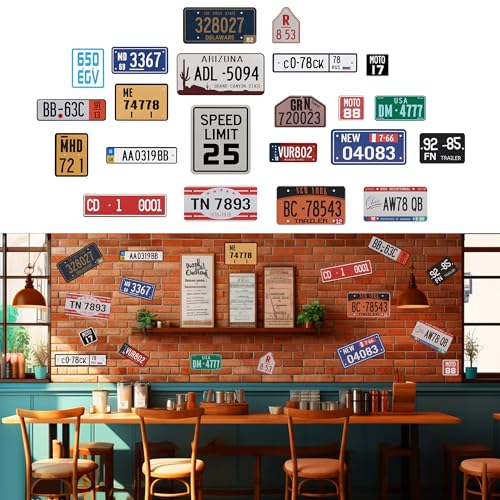 22pcs Vintage State License Plates Stickers Decor for Home Bar Man Cave Garage Old Car Shop Waterproof Self-Adhesive Car Theme Signs Wall Decals