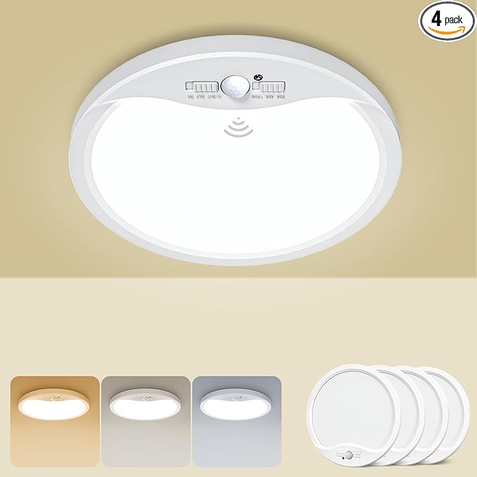 zemty 9inch 18W Motion Sensor Ceiling Light Wired, 3 Sensing Modes Motion Activated Closet Lights White, 3000K/4000K/6500K Waterproof LED Ceiling Lamp for Pantry Closet Shower Hallway-4Pack