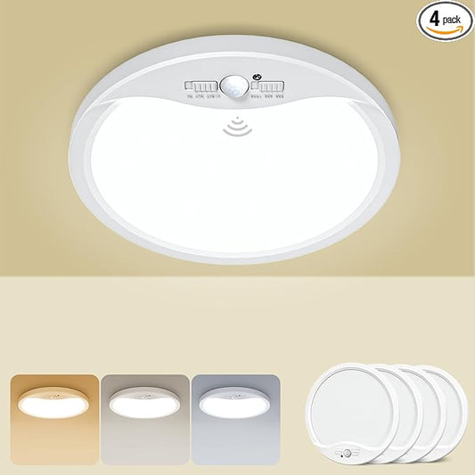 zemty 9inch 18W Motion Sensor Ceiling Light Wired, 3 Sensing Modes Motion Activated Closet Lights White, 3000K/4000K/6500K Waterproof LED Ceiling Lamp for Pantry Closet Shower Hallway-4Pack