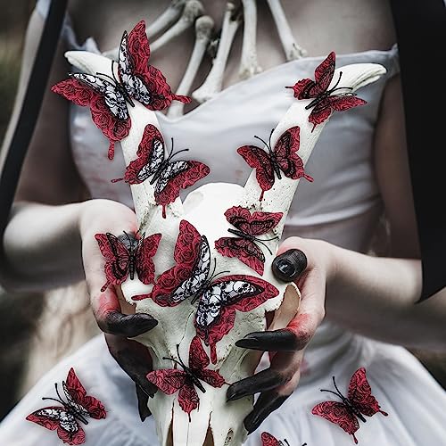 24 Pcs Halloween Wall Stickers - 3D Double-Layer Butterfly Wall Decor & Window Decals for Home Room Art DIY Decoration (Red & Black, Removable)