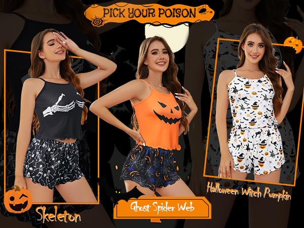 Halloween Pajamas for Women Pumpkin Print Cami Top and Shorts Goth Pj Set Two Piece Sexy Pajama Set Black Sleep Set White Sleepwear Halloween Witch Pumpkin L