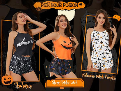 Halloween Pajamas for Women Pumpkin Print Cami Top and Shorts Goth Pj Set Two Piece Sexy Pajama Set Black Sleep Set White Sleepwear Halloween Witch Pumpkin L