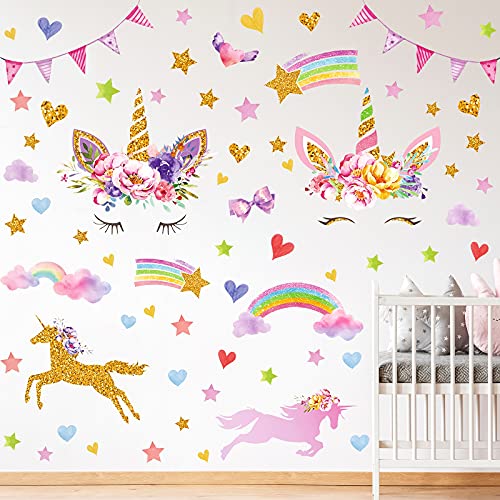 Outus 4 Sheets Unicorn Wall Decals Peel and Stick Watercolor Wall Stickers Heart Star Flower Unicorn Stickers for Girls Kids Bedroom Nursery Decorations