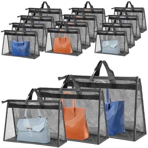 15 PCS Dust Bags for Handbags,Purse Protector Storage Bag,Purse Cover Hanging Closet Organizer with Zipper Handle,Clear Handbag Storage Organizer for Closet,3 Assorted Sizes(Gray)