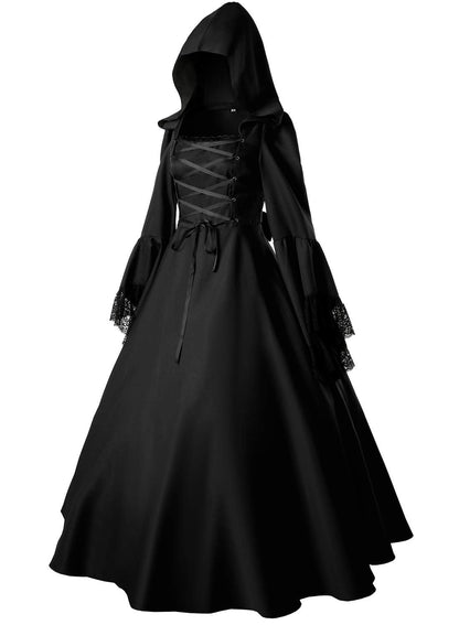 Jeufoin Women's Gothic Victorian Witch Vampire Dress Medieval Renaissance Halloween Cosplay Hooded Costume (x-large, black)