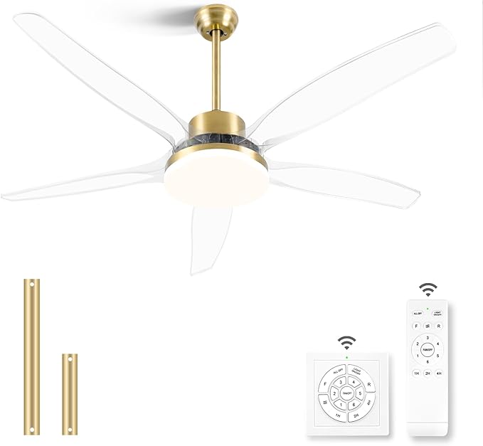 OKELI Clear Ceiling Fan with Light, 58 Inch Gold Transparent Ceiling Fans with Light and Remote 3 Reversible Blade LED Ceiling Fan and Light Combo for Living Room, Bedroom, Patio