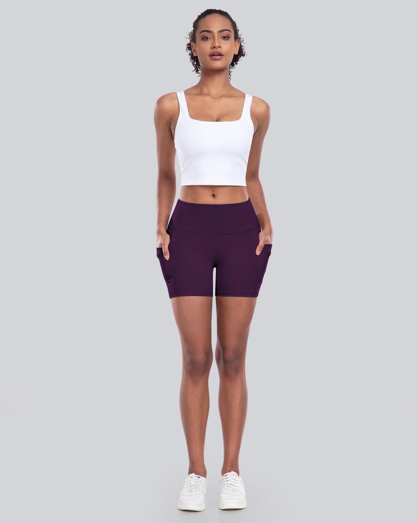 Womens Biker Yoga Shorts with Pocket, High Waisted Tummy Control 5 Inch Workout Spandex Athletic Gym Shorts(Purple,M)