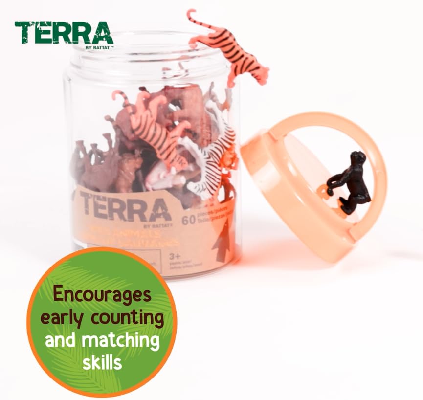 Terra by Battat – 60 Pieces Wild Creatures Tube – Realistic Mini Animal Figurines – Lion, Hippo, Tiger, Bear & More Safari Animals – Educational Toys for Kids & Toddlers 3+ Years