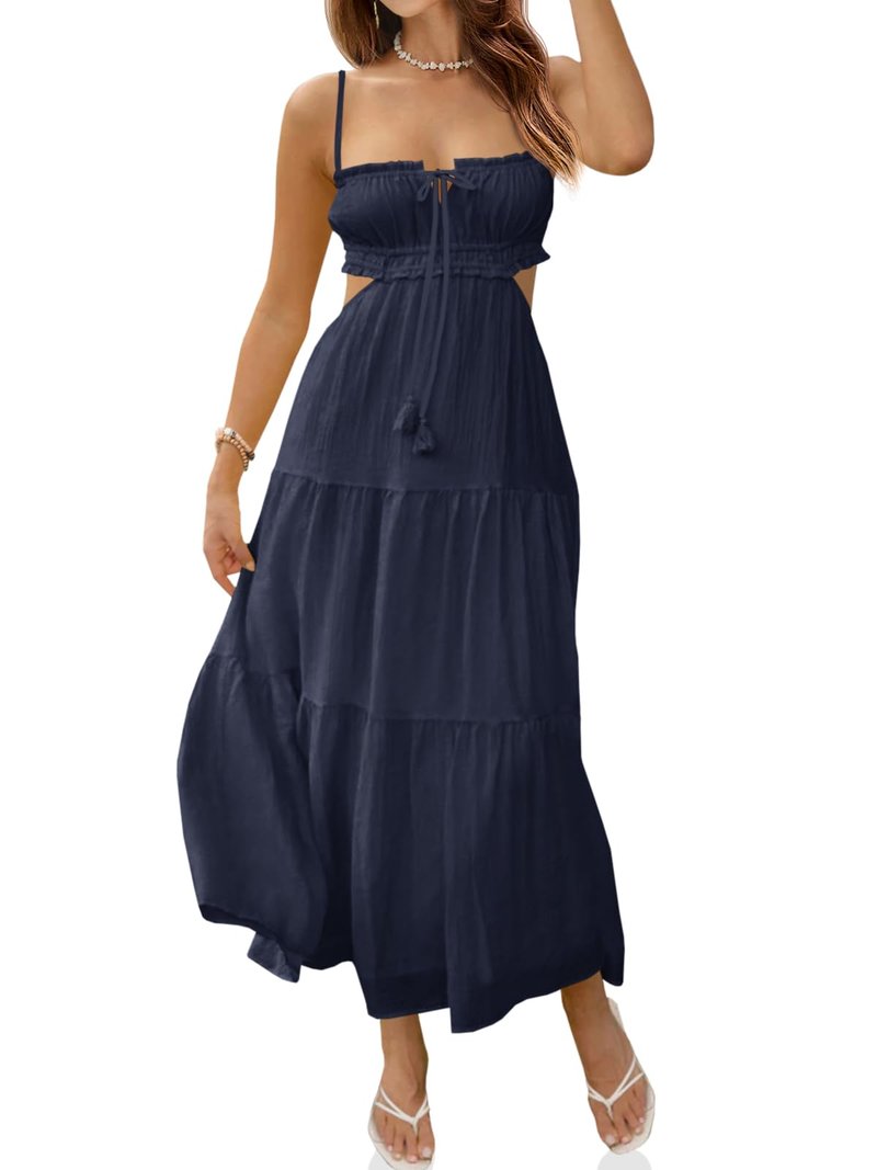Fisoew Women's Spaghetti Strap Maxi Dress Summer Sleeveless Side Cut Out Dress Casual Boho Backless Flowy Long Dresses Navy Blue