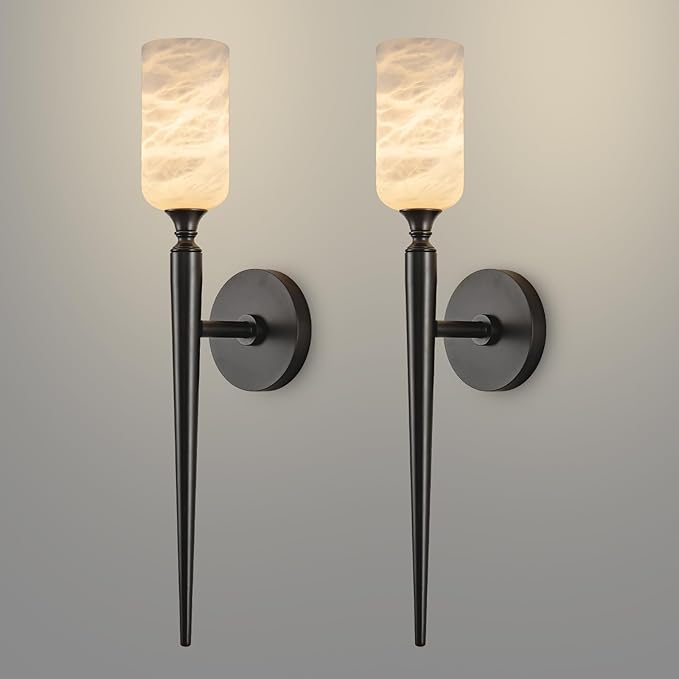 Alabaster Wall Sconce Set of 2, 22in Modern Spanish Natural Marble Bathroom Vanity Sconces, Indoor Black Wall Lighting Fixtures Decor for Bedroom Living Room Staircases