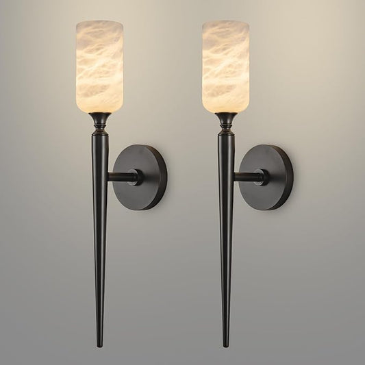 Alabaster Wall Sconce Set of 2, 22in Modern Spanish Natural Marble Bathroom Vanity Sconces, Indoor Black Wall Lighting Fixtures Decor for Bedroom Living Room Staircases