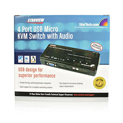 StarTech.com 4 Port Black USB KVM Switch Kit with Cables and Audio - desktop KVM Switch - VGA KVM Switch - USB KVM Switch 4 Port (SV411KUSB)