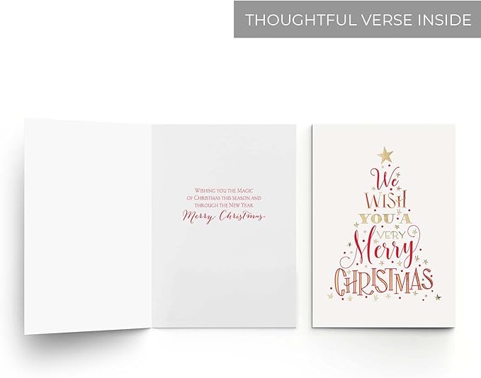 Masterpiece We Wish You A Very Merry Christmas Cards / 16 Boxed Winter Holiday Card Set With Gold Foil Accents And Coordinating Gold Foil Lined White Envelopes / 5 5/8" x 7 7/8" Folded Stars Evergreen Tree Greeting Cards With Inside Verse