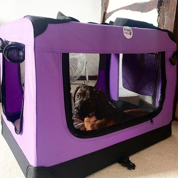 HugglePets Foldable Fabric Pet Crate Carrier - Purple (Large 70 x 52cm) Lightweight & Ventilated Double Door Carrier for Dogs & Cats with Sheepskin Mat. Ideal for Home & Travel.