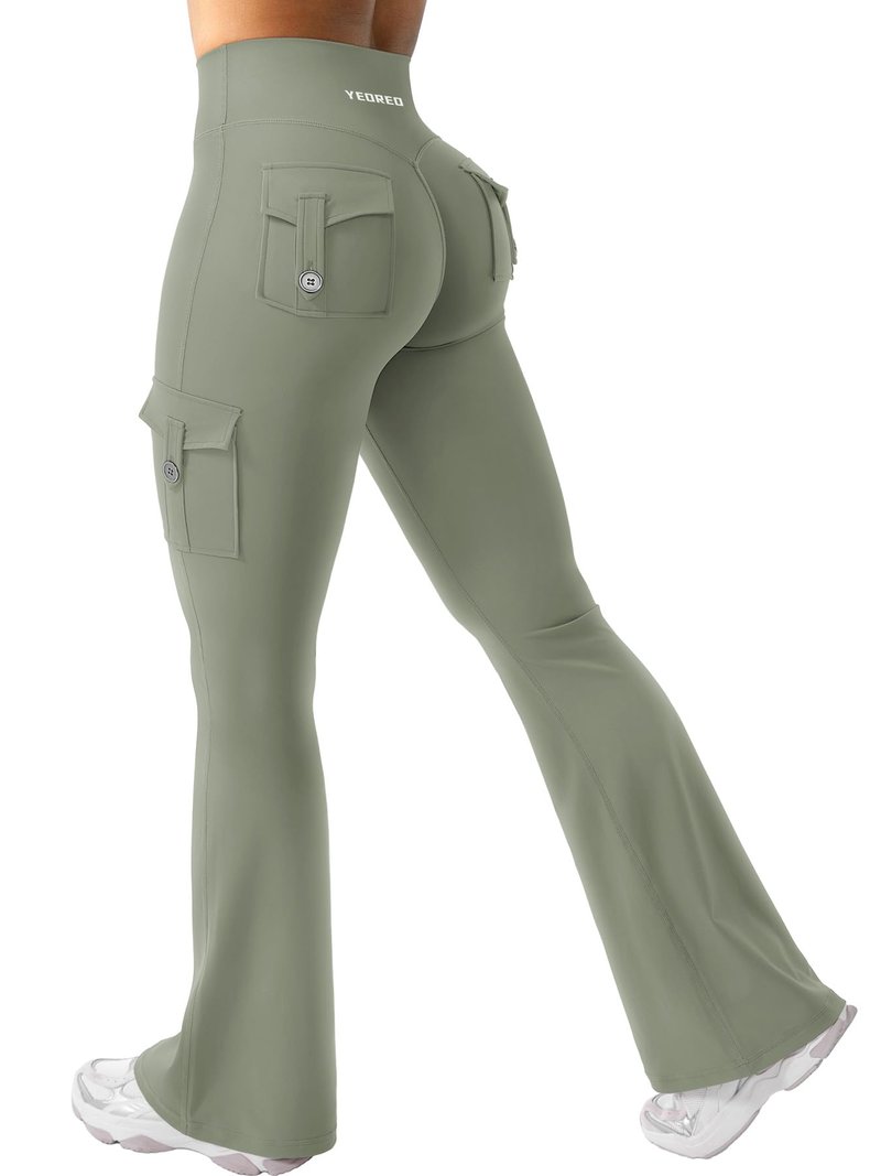 YEOREO CoreFlex Women Workout Flare Leggings with Pockets Hidden Scrunch High Waisted Cargo Gym Yoga Leggings Light Army Green M