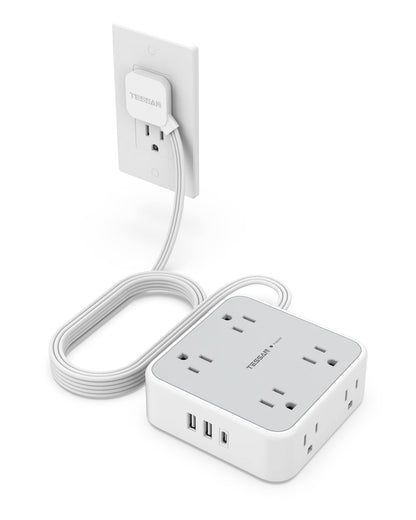 TESSAN Surge Protector Power Strip, 5 Ft Flat Plug Extension Cord with 3 USB (1 USB C) 8 Outlets, 900J Surge Protection, 3 Sided Outlet Extender with Power Switch for Office, Dorm Room Essentials